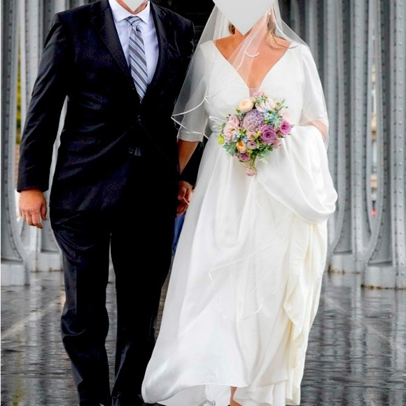 Custom Ivory Satin Wedding Dress + Veil